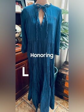 Women's Teal Long Tiered Tie-Neck Dress by Honorine